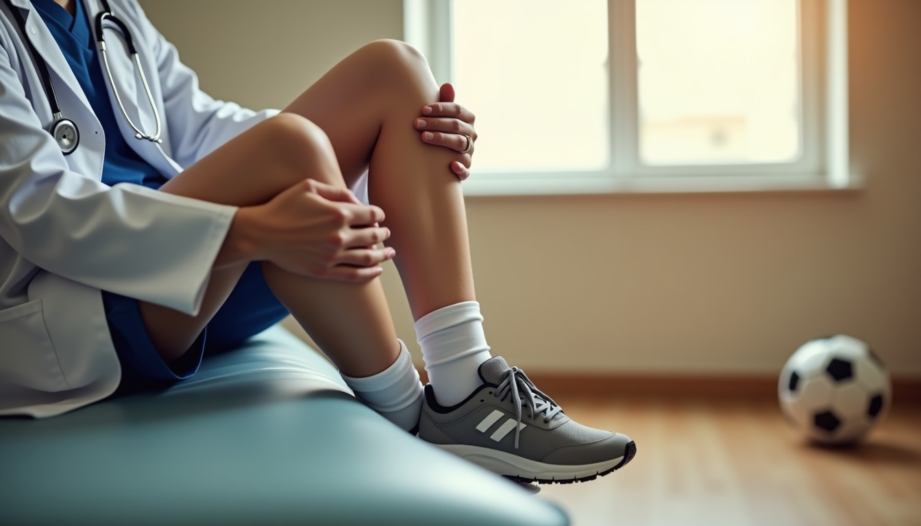 Médico examinando o joelho de uma jovem atleta em consultório